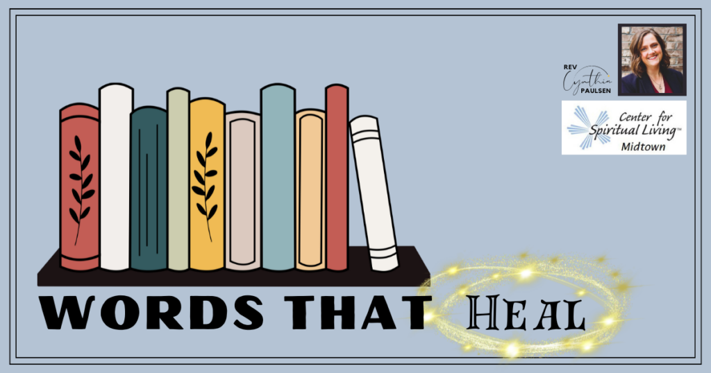 Illustration of books on a shelf and the words "Words that Heal."