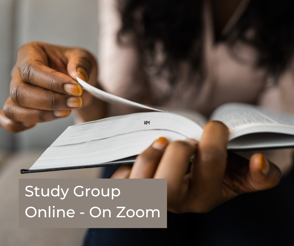 Woman holding an open book: Study Group Online - On Zoom