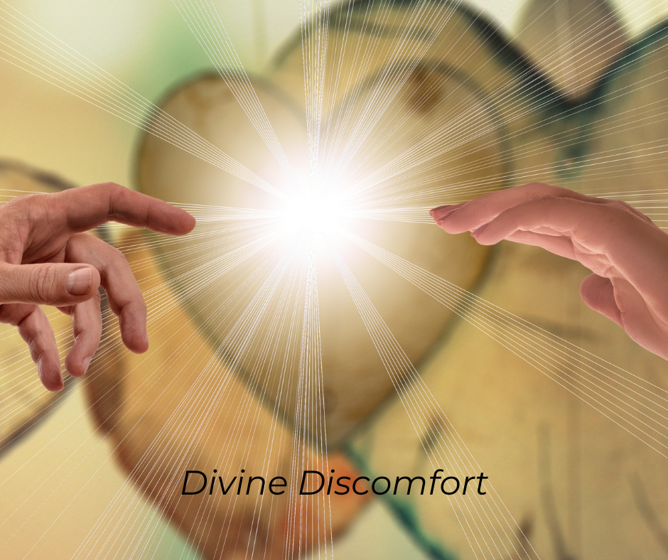 wooden hearts with a starburst in the center with hands reaching toward the center. Text: Divine Discomfort