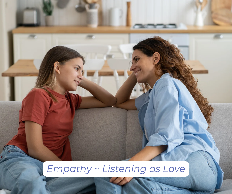 A woman and girl sit on a couch facing each other listening to each other with love.