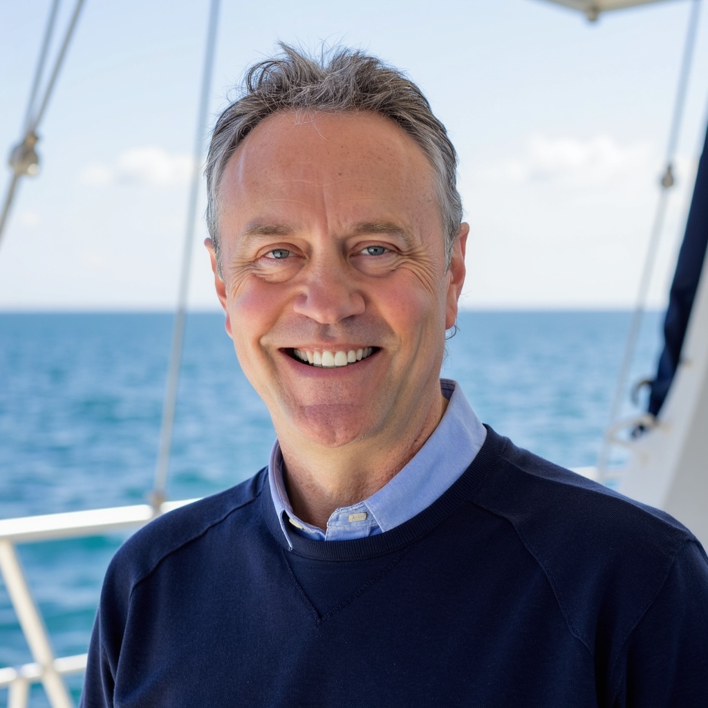 Headshot of Rev James Peak on a boat.