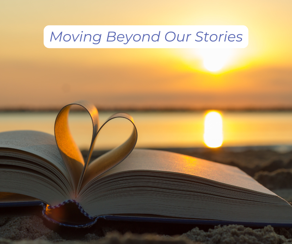 An open book with a heart created by pages, and a background of a sunset. Representing Moving Beyond Our Stories.