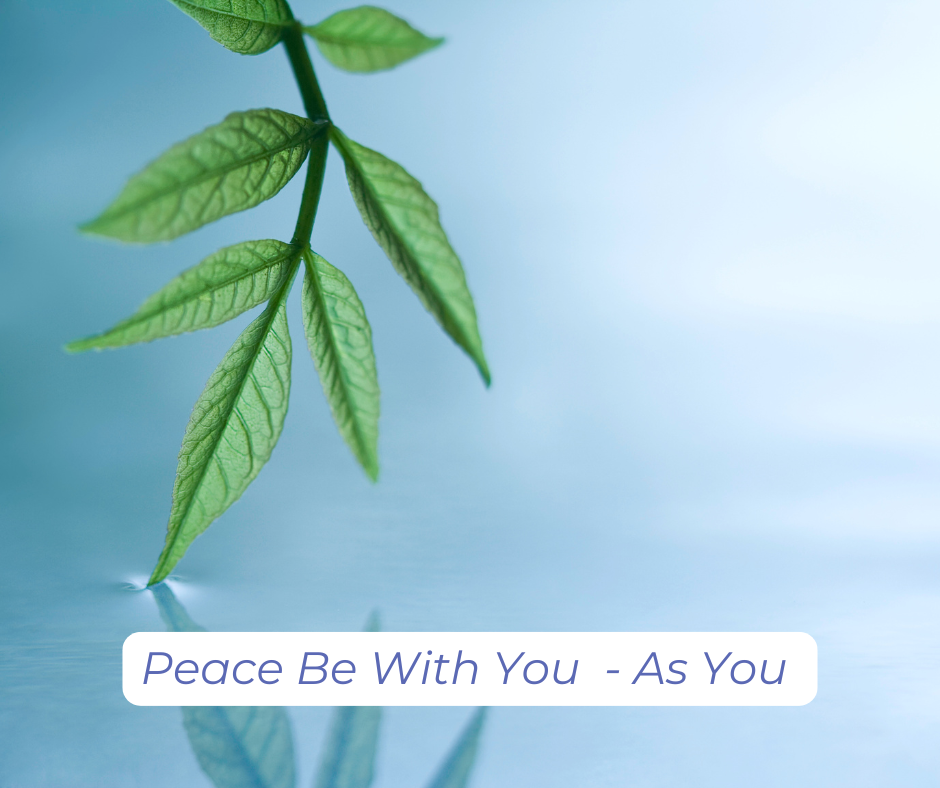 A green leaf on a tree gently touching still, peaceful water. Peace be with you - as you.