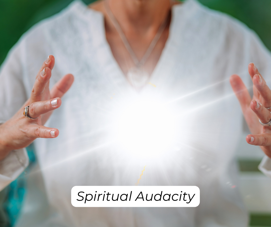 woman hands apart and whitge light appearing in between in Spiritual Audacity