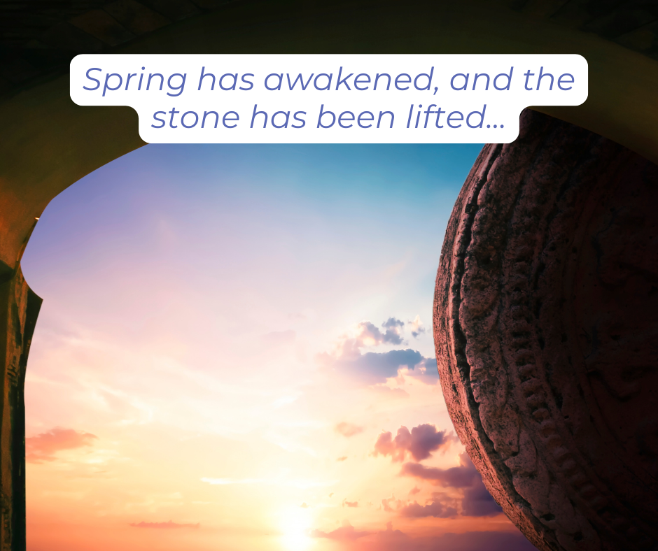The stone has been lifted: The view from inside a tomb, the stone rolled open and a view of a beautiful sunrise.