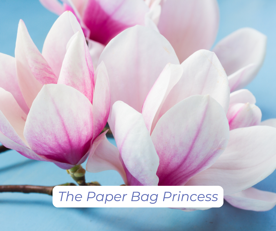 Pink and white magnolias and the words "The Paper Bag Princess."
