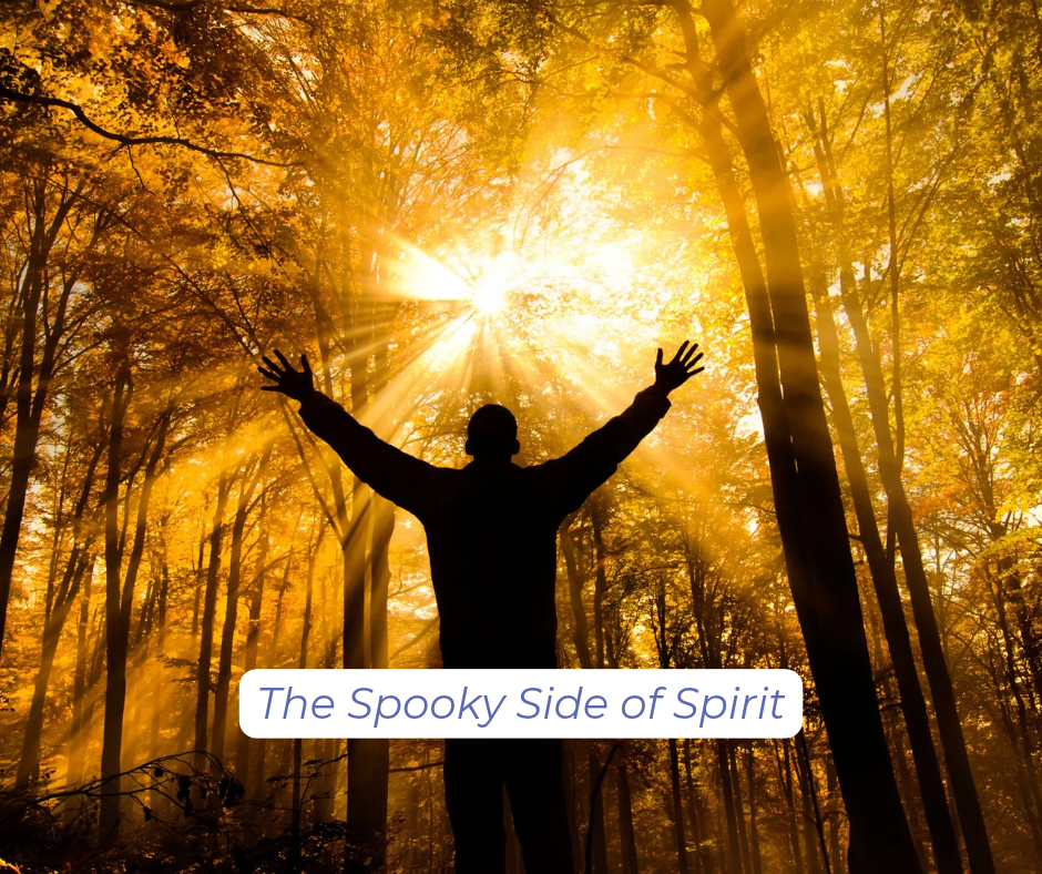 Person raising their arms toward the sunlight peeking through an orange background of a forest