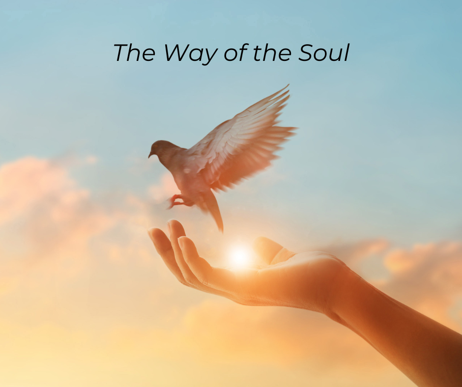 Upturned Hand with sun rays and bird in flight. Text: The Way of the Soul