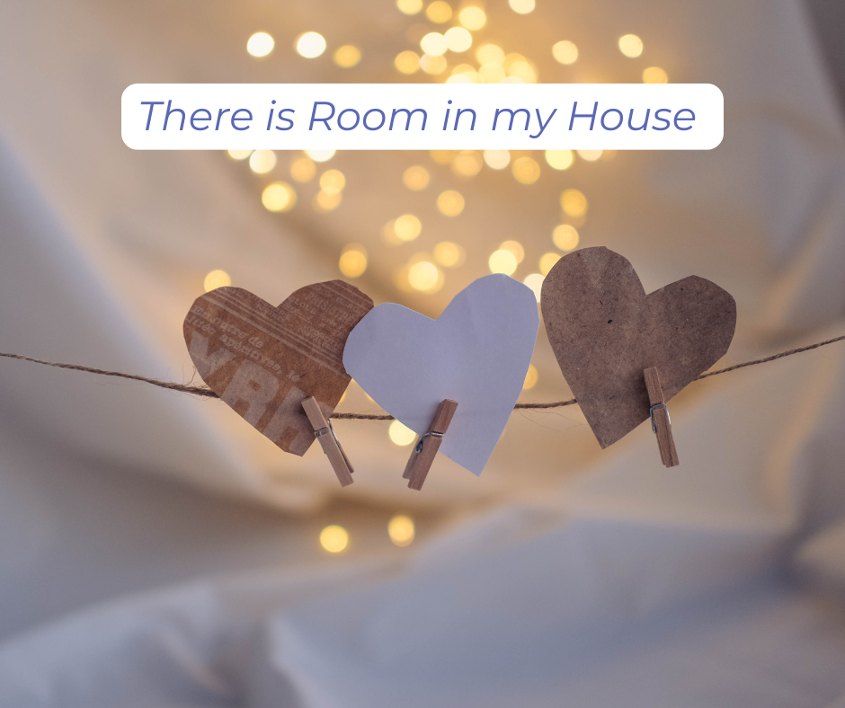 A clothesline with 3 hearts pinned to it and sparkles in the background. There is room in my house.
